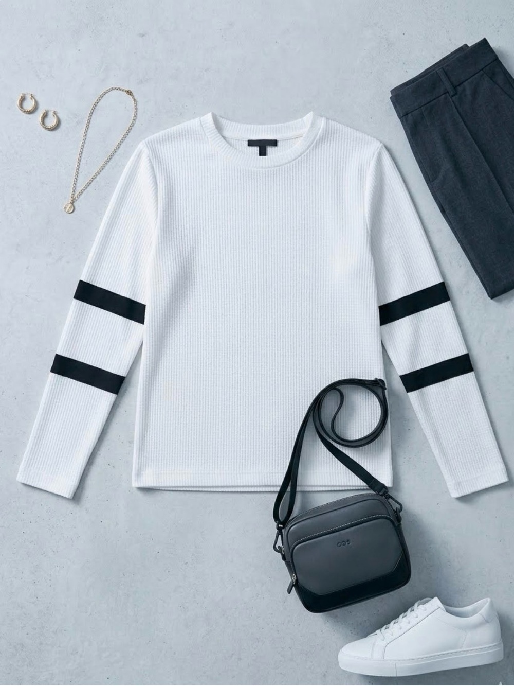 COS Waffle Knit Varsity Stripe Long Sleeve Top White Black S Arm Stripe Sweater
